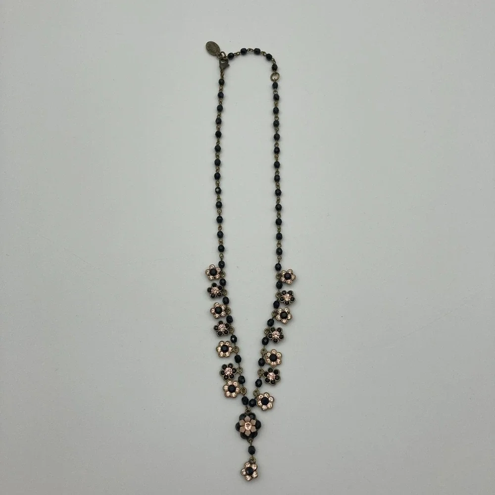 Vtg Michal Negrin Black Pink Beaded Floral Daisy Chain Choker Crystal Accents - Picture 2 of 9